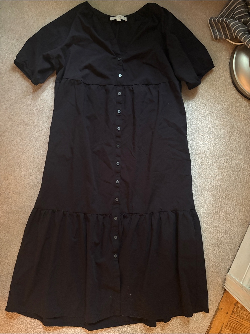 LOFT Black Button-Front Midi Dress with Tiered Hem